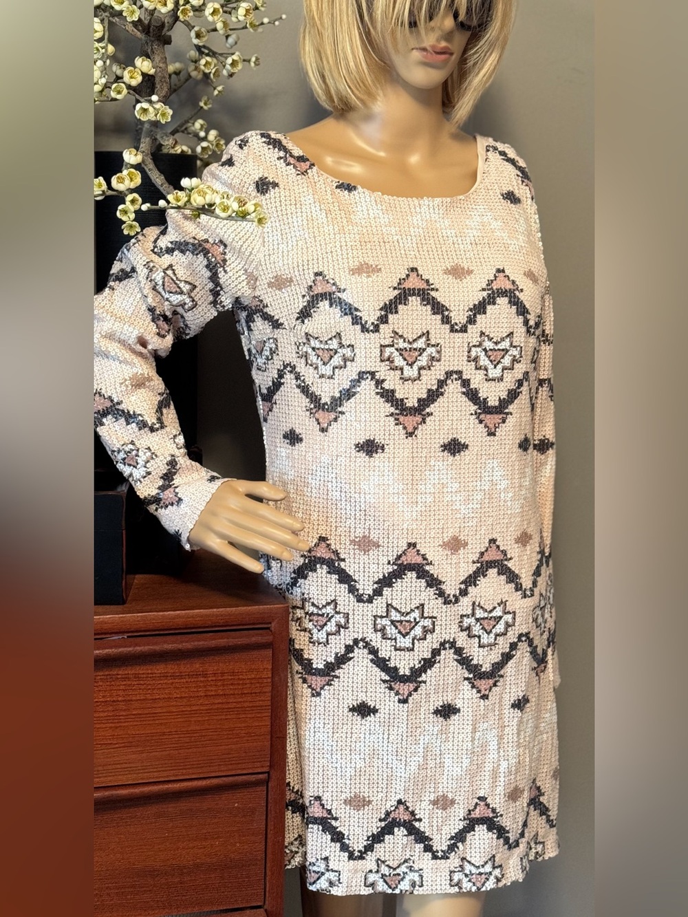 Long Sleeve Sequin Dress in Blush with Geometric Motif